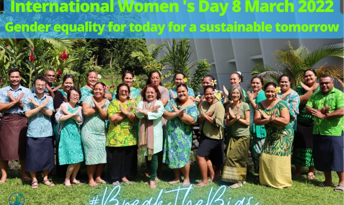 Some of the staff members at SPREP wearing green and doing their part to break the bias on International Women's Day 