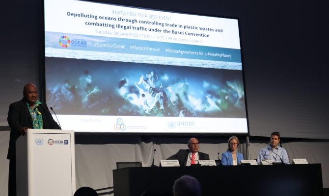 SPREP Director General Mr Sefanaia Nawadra speaks during the event in Lisbon.