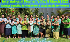 Some of the staff members at SPREP wearing green and doing their part to break the bias on International Women's Day 