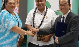 SPREP Climate Change Director, Dr. Netatua Pelesikoti, CEO of the Ministry of Finance, Lavea Tupaimatuna Iulai Lavea and Leader of the Preparatory Survey Mission from JICA, Mr. Kazunao Shibata. | Photo: SPREP 